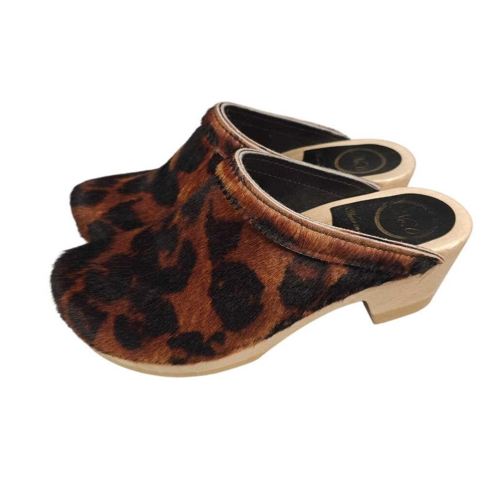 No. 6 Leopard Print Haircalf Clogs in Brown and Black